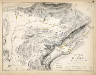 Mapa da Batalha de Rivoli, publicado por William Blackwood and Sons, Edimburgo e Londres, 1848 (gravura colorida à mão)